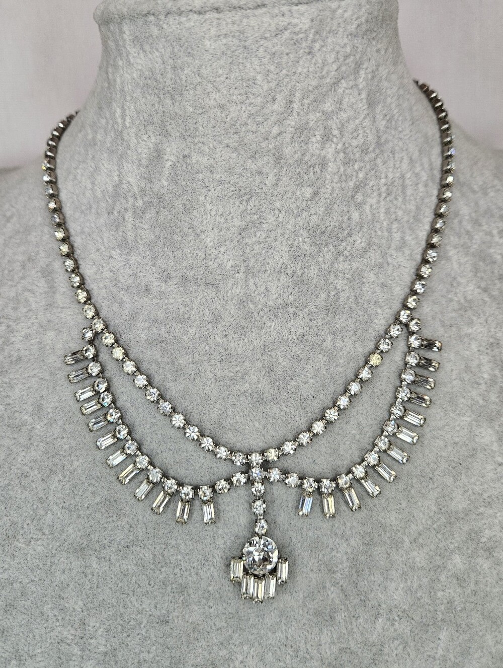 VTG Sterling Silver Rhinestone Swag Necklace 15" Art Deco 1950s Foldover Clasp